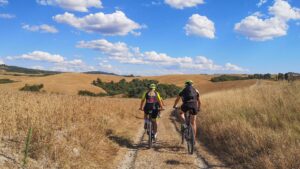 gruppo cicloturisti in ebike su sentiero sterrato tra campi di grano dorato nelle Crete Senesi, Toscana tour ebike itinerante Jonas Vacanze verso Siena
